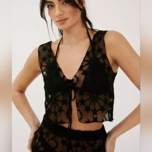 Star Embroidered Mesh Tie Front Top